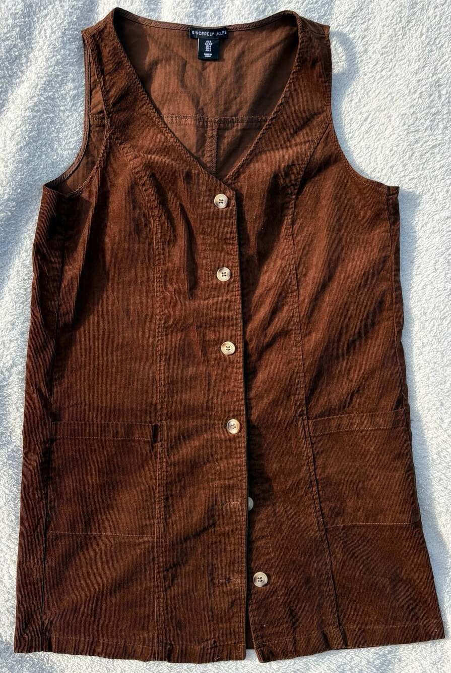 Sincerely Jules Brown Corduroy V-Neck Button Front Sleeveless Mini Dress